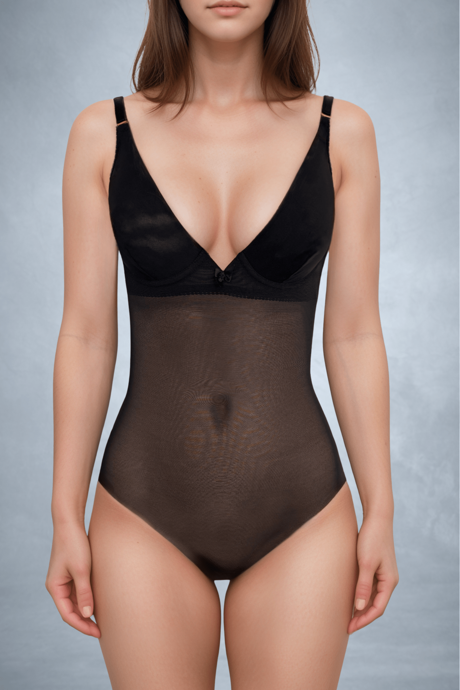 Front view of a faceless mannequin wearing a Backless bodysuit shaper in black mesh with low under arm cutout for low back dress | ENDER LEGARD