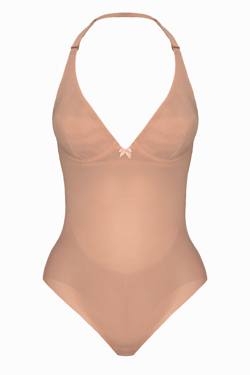 Flat view of halterneck bodysuit shapewear in nude mesh with soft cups as seamless bridal lingerie for backless dress