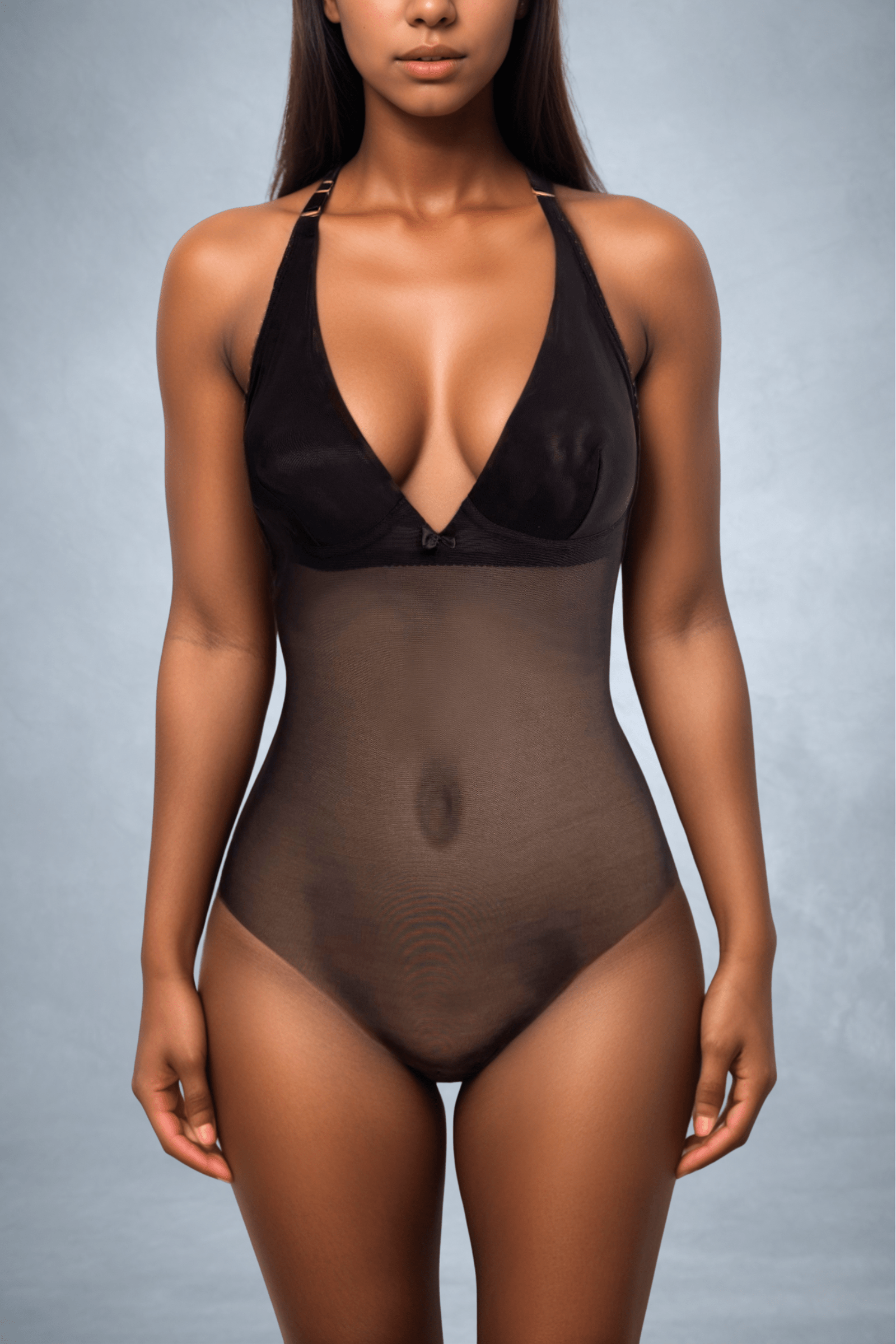 Front view of a Ender Legard LEXI backless halterneck bodysuit in black mesh fabric with soft cup bra as seamless underwear