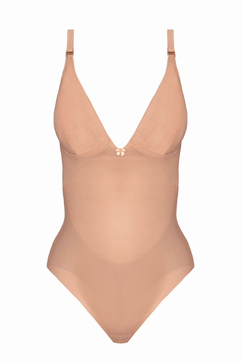 backless one-piece bodysuit in beige power mesh fabric on a white background