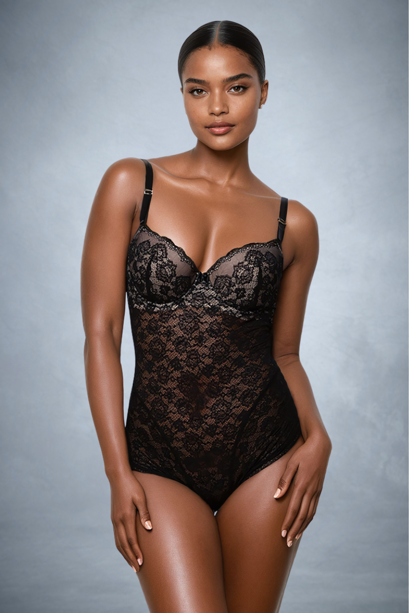 Low back bodysuit underwear with demi cups in black lace as bodysuit for backless dress front view by ENDER LEGARD