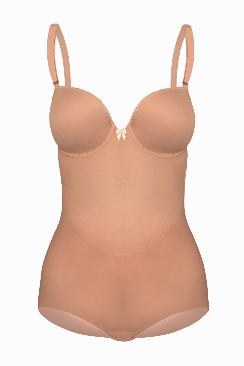 A balconette cup bodysuit shaper with shorts on a white background