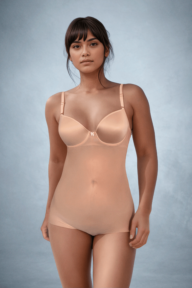A woman wearing a beige Ender Legard bodysuit with boy shorts and balconette bra cups as seen from the front | ENDER LEGARD