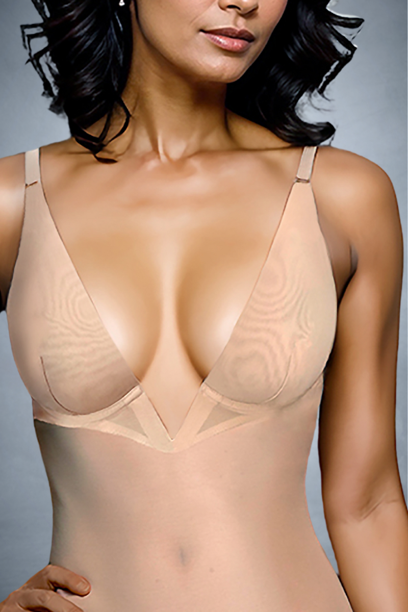 Close Up of Low V frontless plunge cut lingerie bodysuit in nude mesh with soft cups as seamless shaper for wedding dress