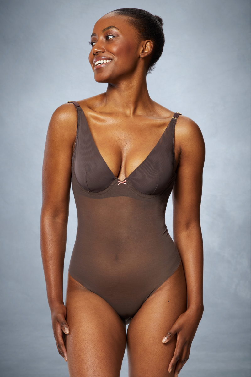 Ender Legard JONI Brown backless bodysuit, front view showing the underwired high-apex plunge minimiser cup, smooth torso and tanga brief.