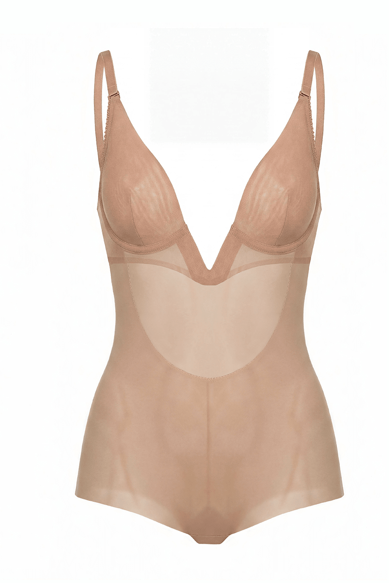 Unworn Ender Legard KYA Nude backless bodysuit showing underwired soft cups with centre darts, the flat V-separator, adjustable shoulder straps, power-mesh body and full briefs.