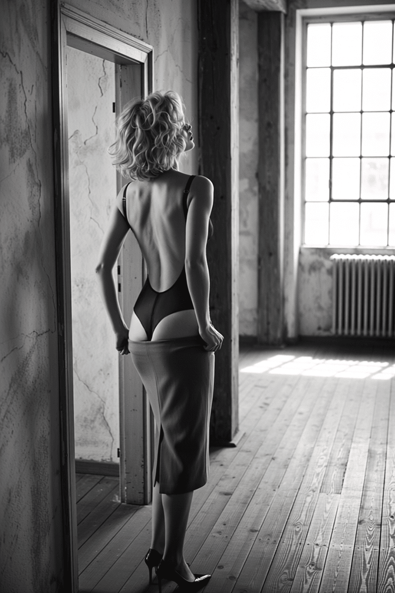 Ender Legard LIV Black backless bodysuit, back view, showing the ultra-low back with no bra back band and the tanga's high-cut rear coverage.