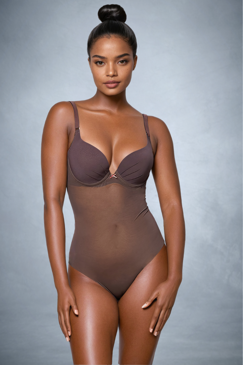 Ender Legard MAE Brown backless bodysuit, front view showing the underwired demi-plunge cups, pleated cup surface and high-leg tanga cut.