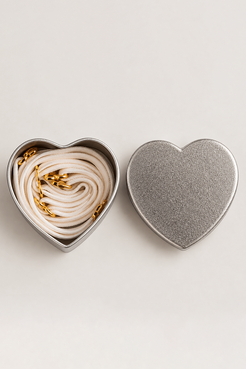 Close-up view of a pair of off-white coloured ENDER LEGARD adjustable spaghetti bra straps rolled in a heart-shaped silver presentation tin.