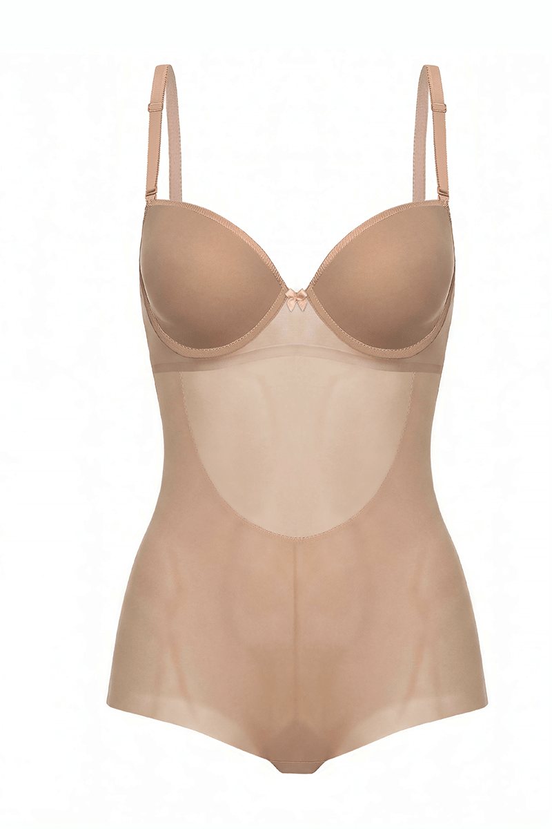 Ender Legard SIA Nude backless bodysuit shown unworn, with the moulded balconette cups, adjustable straps and full-brief cut all visible in one silhouette.