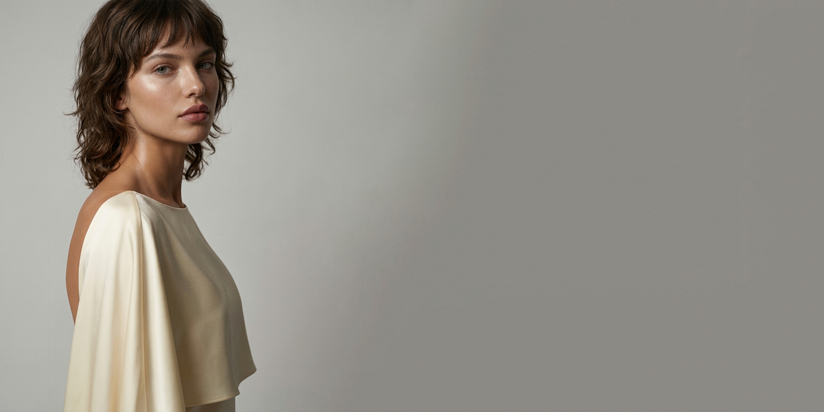 Ender Legard FRANKIE shapewear bodysuit invisible under a draped, high neck cream dress against a neutral background.