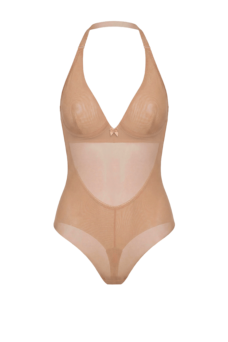 Seamless halterneck bodysuit with patented underwired cups providing bra-free lift for unlined backless bridal gowns.