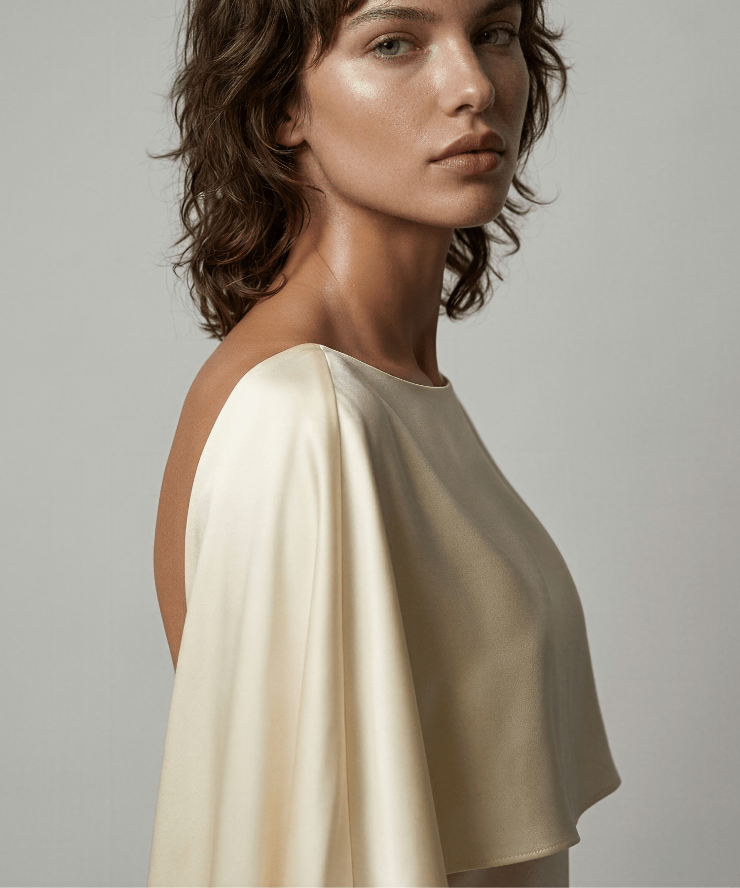 Ender Legard FRANKIE shapewear bodysuit invisible under a draped, high neck cream dress against a neutral background.