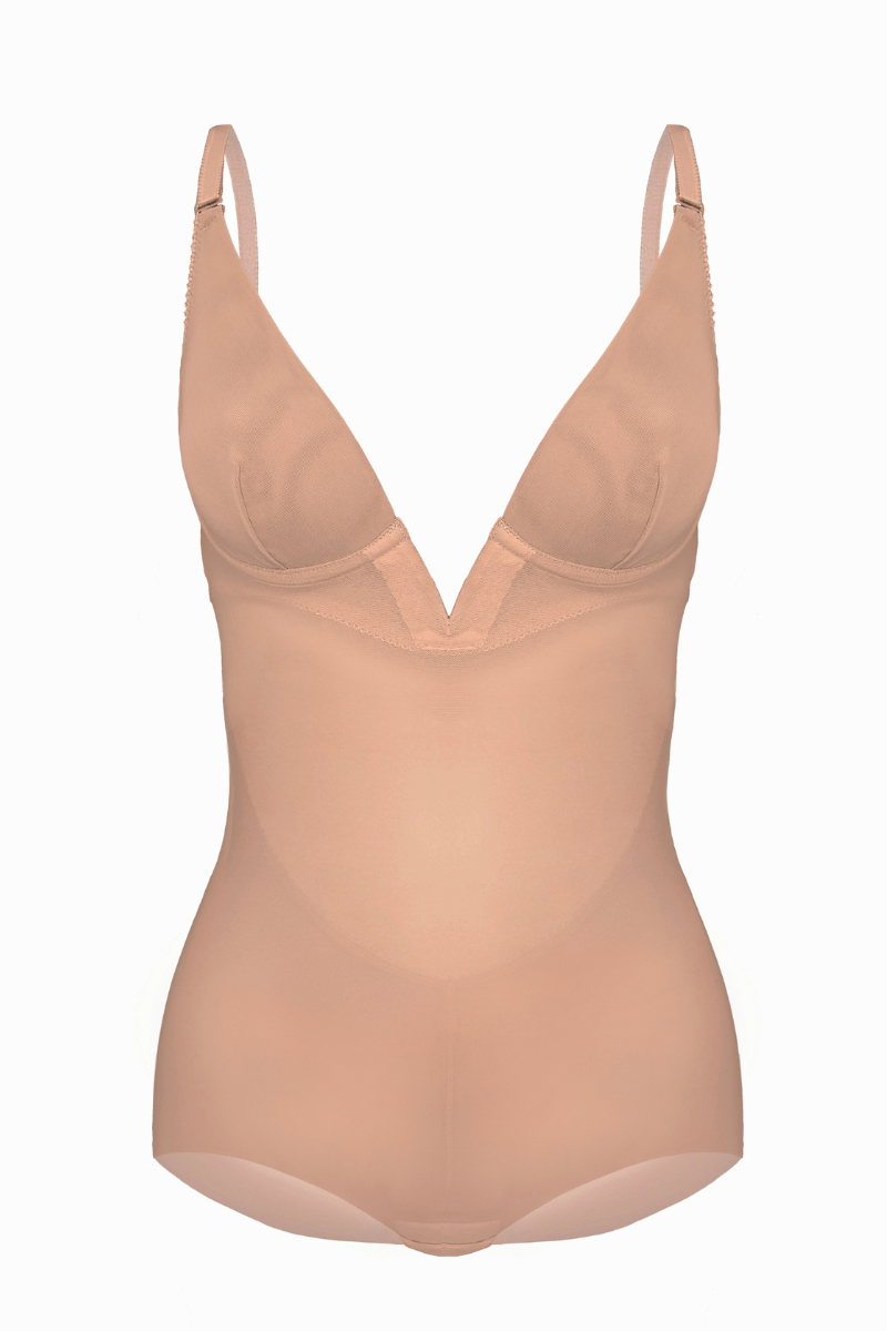 A flat lay backless wedding shaper in beige mesh with shaper shorts as seen from the front | ENDER LEGARD