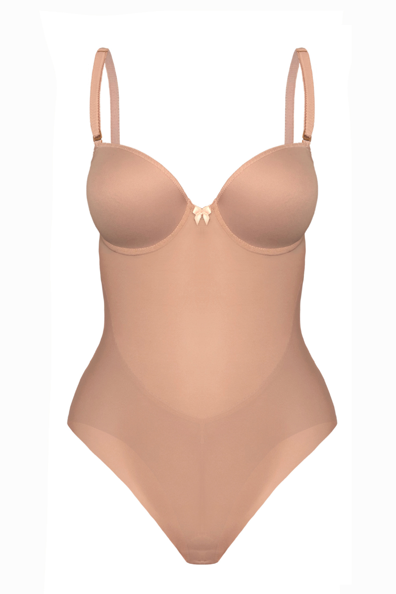 Front view of backless  lingerie mesh bodysuit with balconette cups on a white background