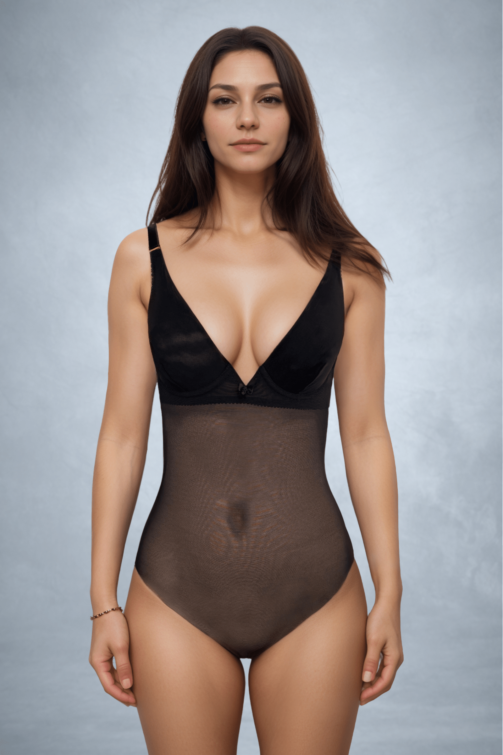 A woman facing the camera wearing a Low back bodysuit shapewear in black mesh with high apex cups as seamless underwear for dress | ENDER LEGARD