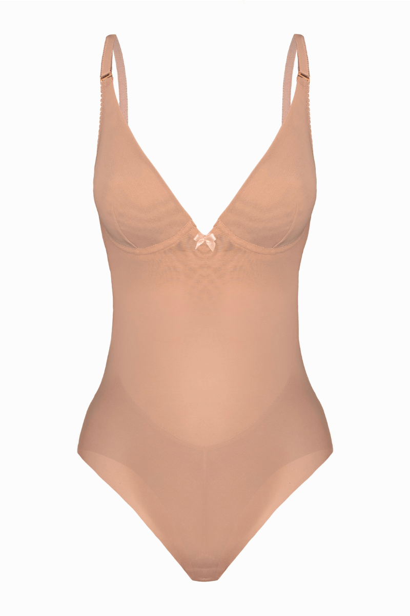 Front view of beige Backless bodysuit shaper in nude mesh with low under arm cutout for bridal wedding dress | ENDER LEGARD