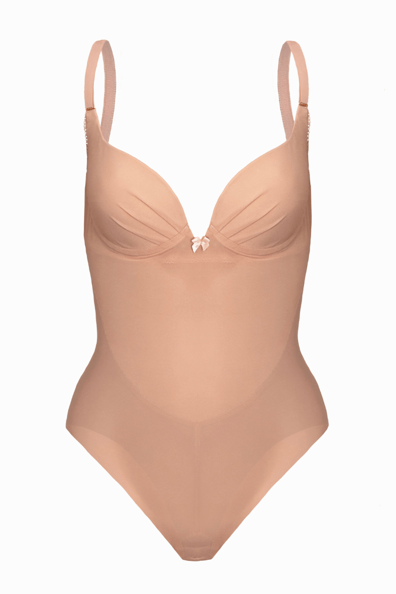 Low back mesh bridal bodysuit with deep plunge bra on a white background