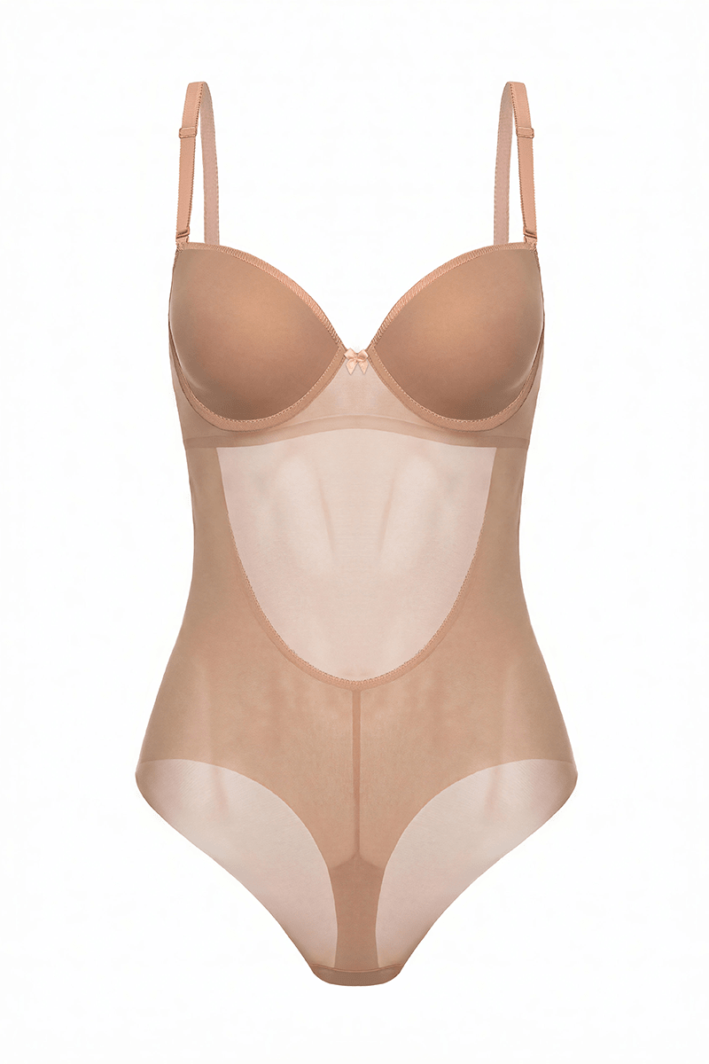 Backless bodysuit with underwired seamless cups in 25 sizes - patented bust lift for bigger busts in low-back gowns, no VPL