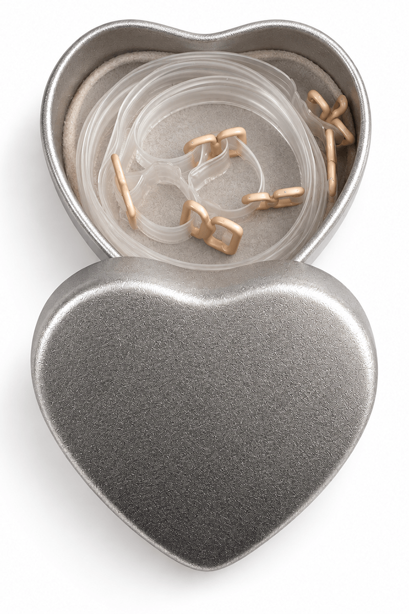 Close-up view of ENDER LEGARD adjustable clear silicone bra straps rolled up in a heart-shaped silver presentation tin.