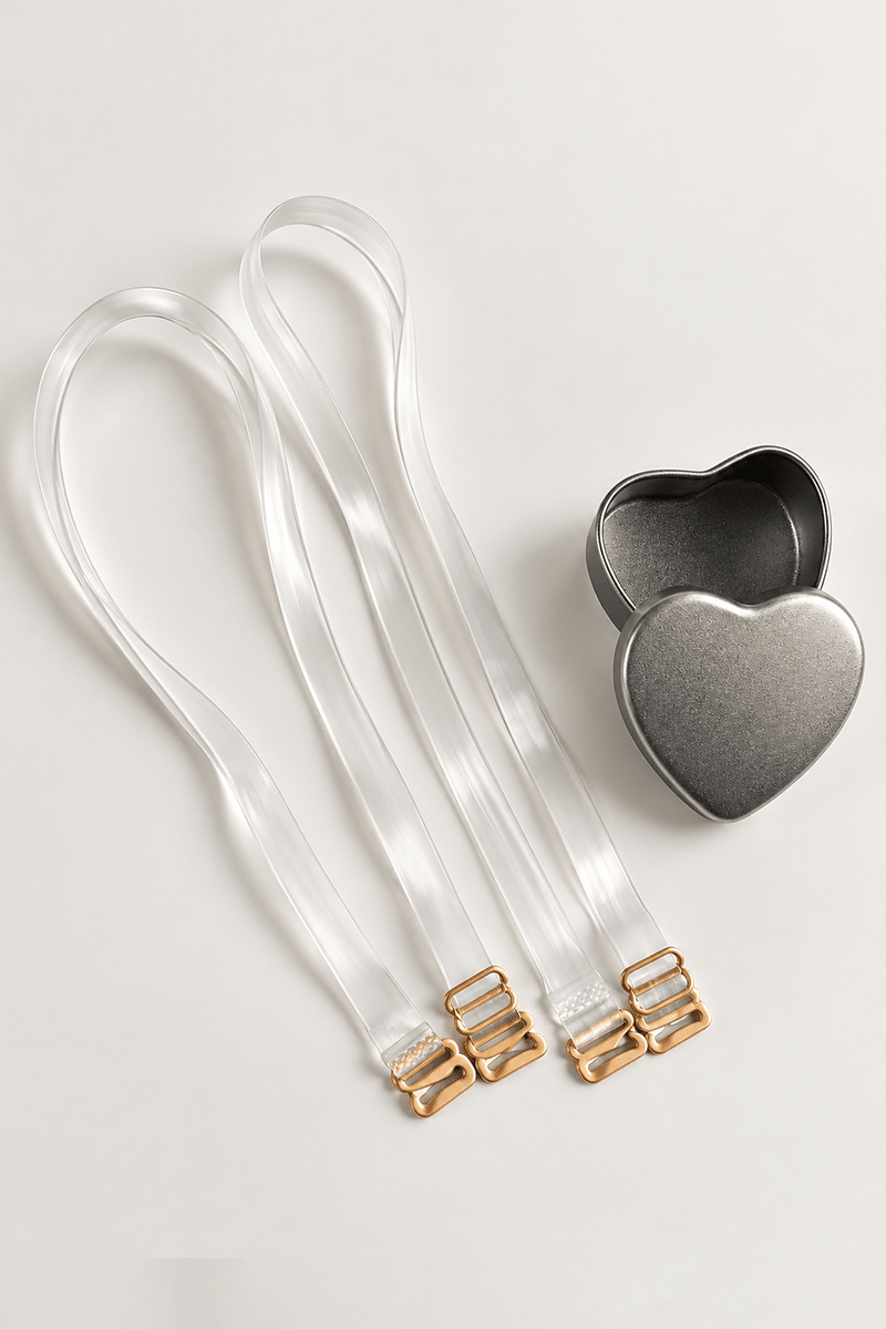 Close-up  view of a pair of clear, adjustable silicone bra straps with gold-toned fittings next to a heart-shaped silver presentation tin.