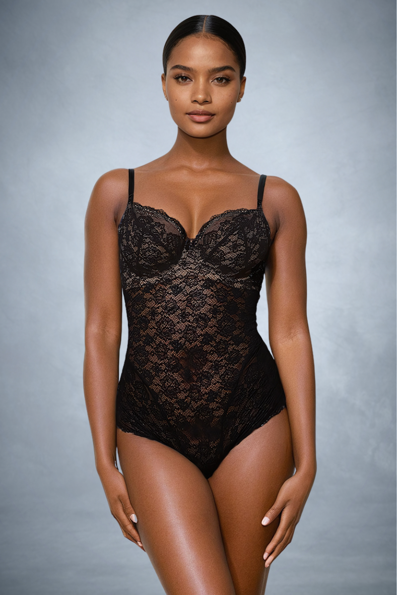 Ender Legard HOLLY Black bodysuit on a deep skin tone, front view showing the full-coverage cups and sheer lace torso.