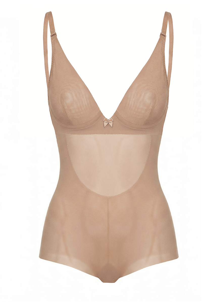 Ender Legard INCA Nude backless bodysuit on a ghost mannequin, with the full minimiser cup, straps, power-mesh body panel and full brief construction visible.
