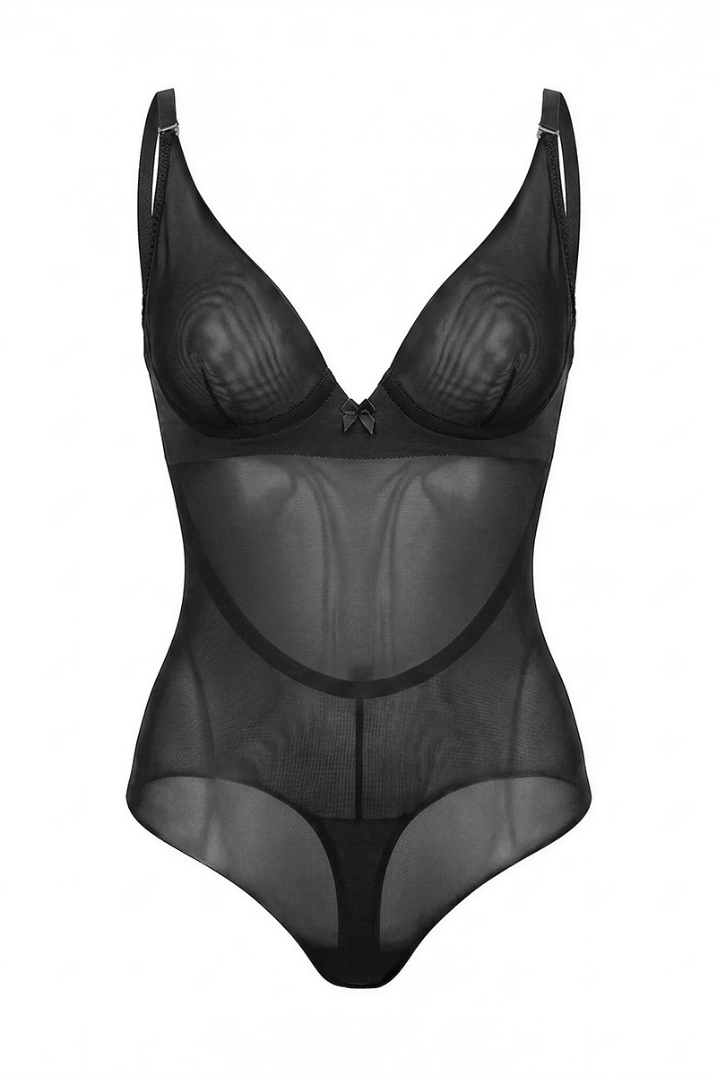 Ender Legard JONI Black backless bodysuit shown unworn, showing the underwired high-apex plunge minimiser cups, adjustable straps and sheer mesh body down to the high-leg brief.