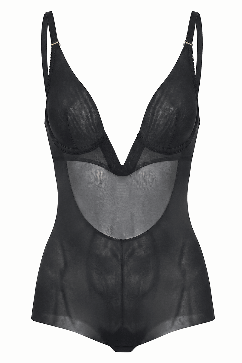 Unworn Ender Legard KYA Black backless bodysuit showing underwired soft cups with centre darts, the flat V-separator, adjustable shoulder straps, semi-sheer power-mesh body and full briefs.