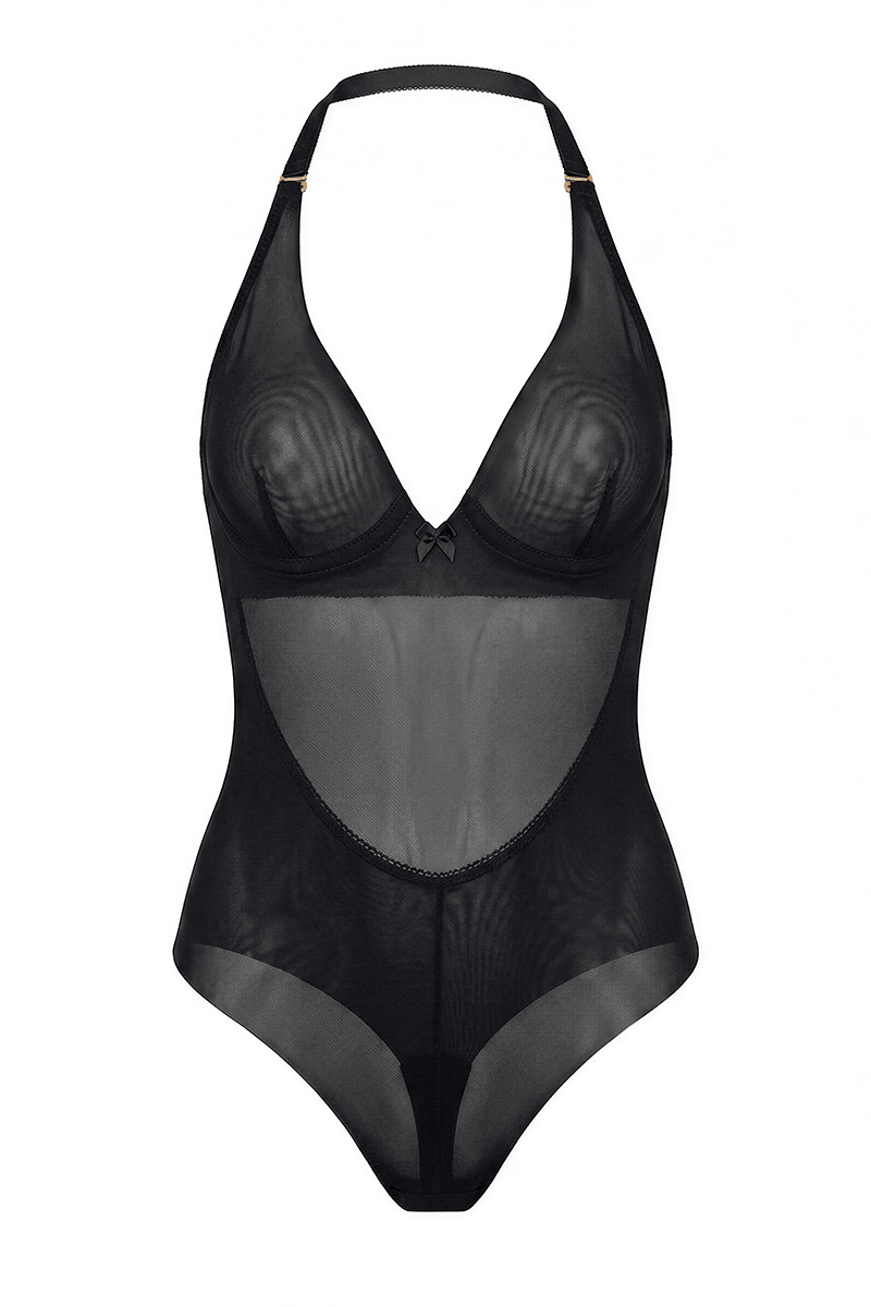 Ender Legard LEXI Black backless bodysuit shown alone, detailing the single neck strap, underwired minimiser cups, mesh body and high-leg brief front.