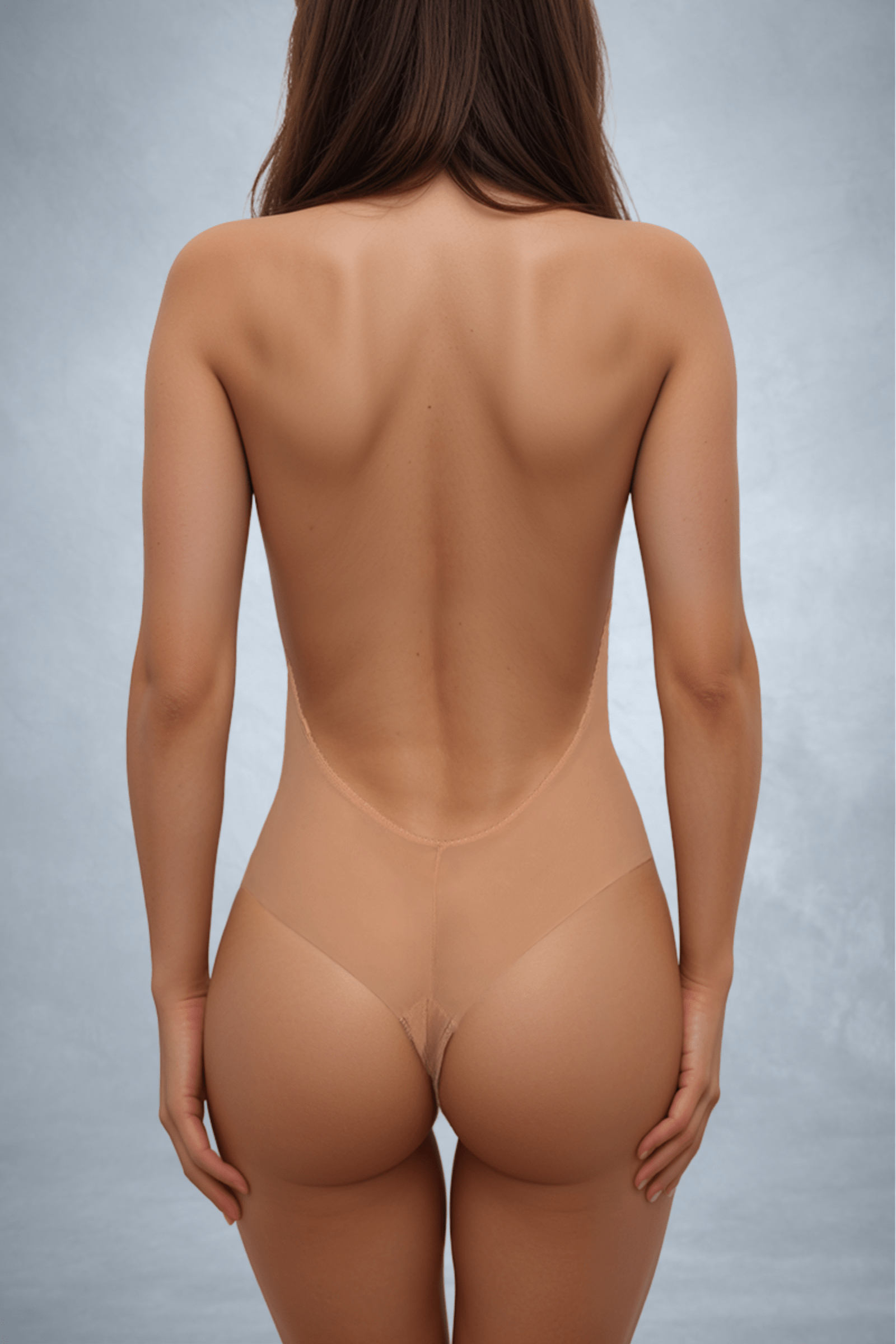 Backless halterneck bodysuit by Ender Legard. Nude mesh foundation for low-back Grace Loves Lace & Made With Love gowns.