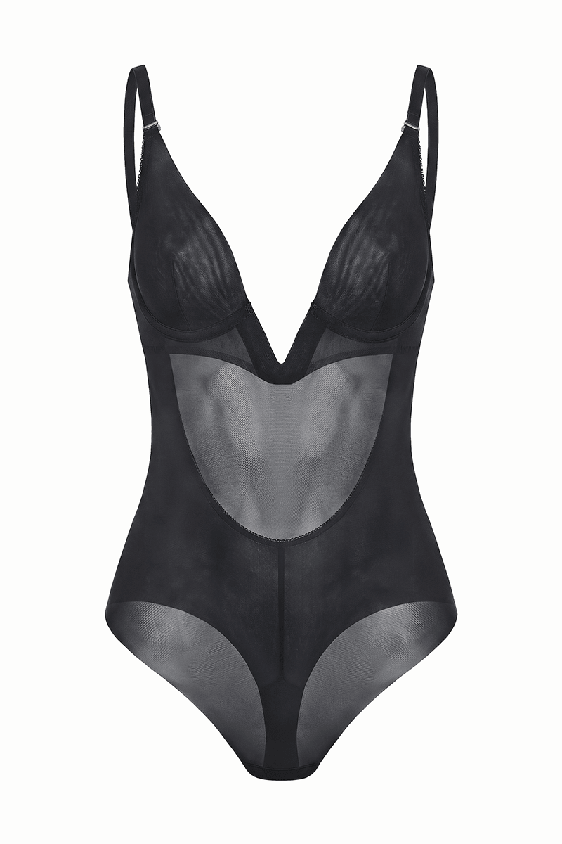 Ender Legard LIV Black backless bodysuit shown unworn, with underwired deep-V cups, flat V-separator, adjustable straps, sheer power-mesh body and high-leg brief openings.