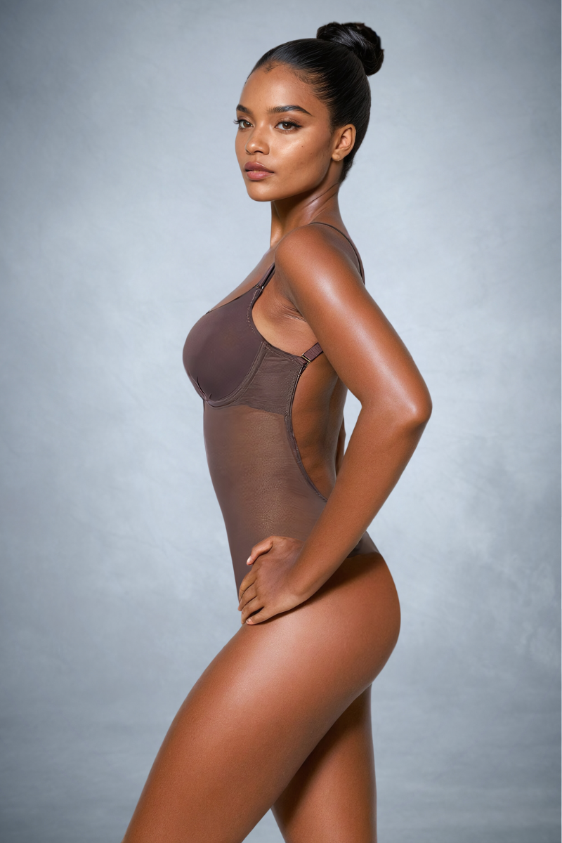 Ender Legard MAE Brown backless bodysuit side view showing the moulded cup side profile and continuous mesh body through the waist and hip.