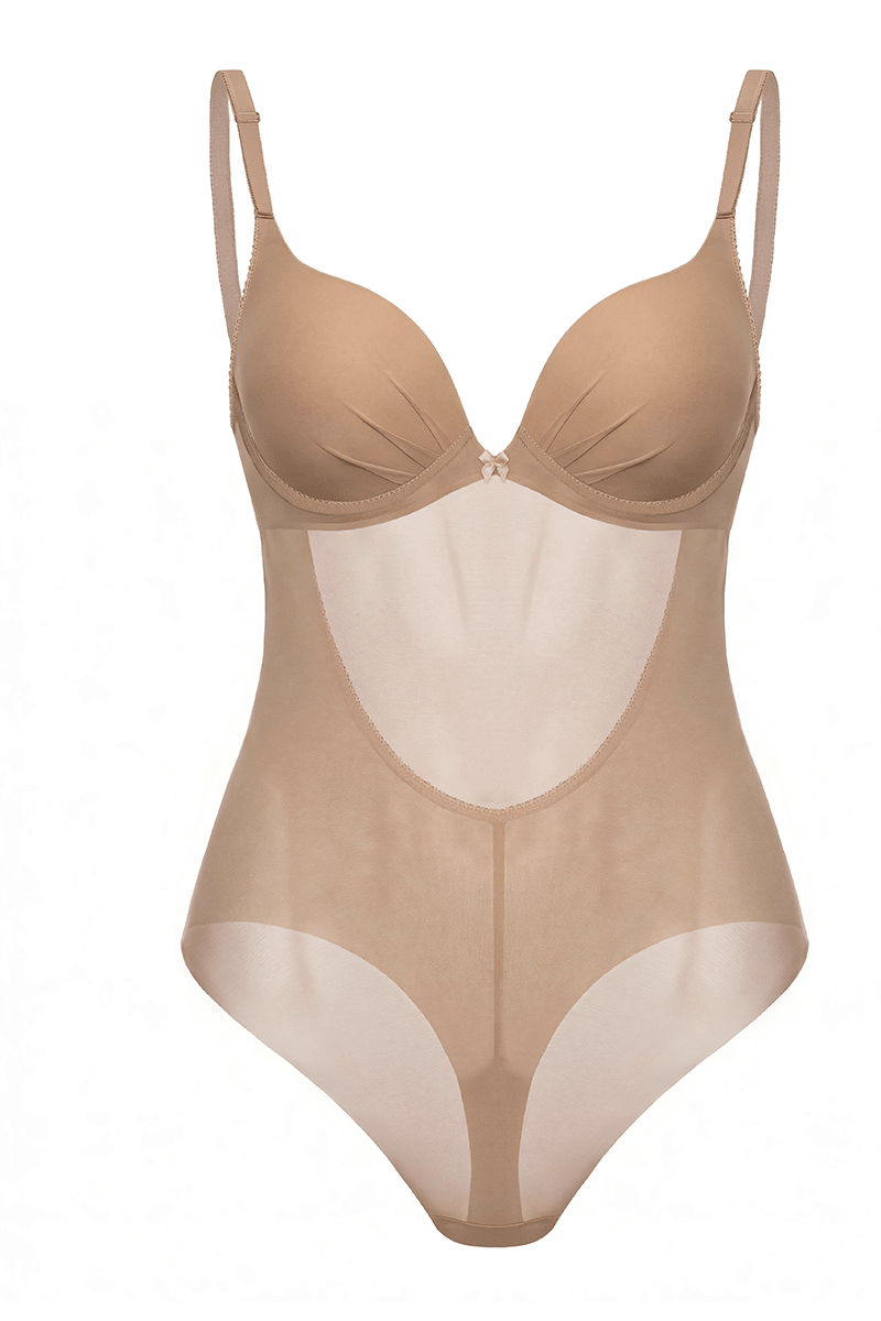 Ender Legard MAE Nude backless bodysuit showing moulded underwired demi-plunge cups with pleated detail, power-mesh body and laser-cut tanga brief construction.