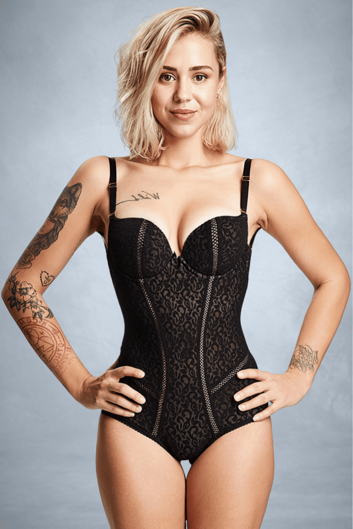 Ender Legard MIA Black backless bodysuit front view, showing the complete cup-to-brief silhouette, with the jacquard mesh fully covering the torso and navel.