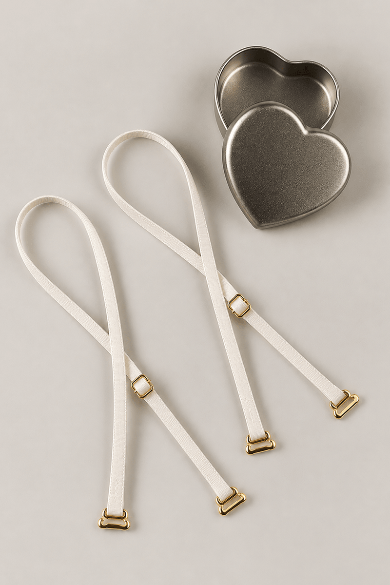 Close-up  view of a pair of off-white coloured ENDER LEGARD adjustable spaghetti bra straps next to a heart-shaped metal presentation tin.