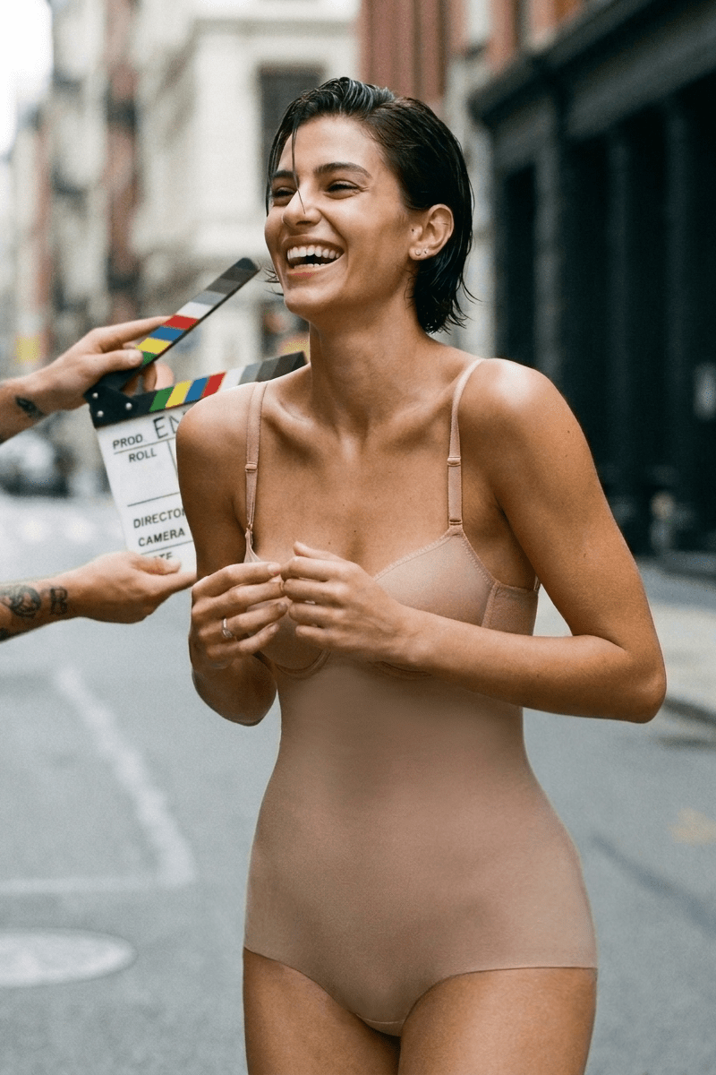 Ender Legard SIA Nude backless bodysuit worn on the body, front view showing the smooth front panel that conceals the belly button and the full-brief leg line.