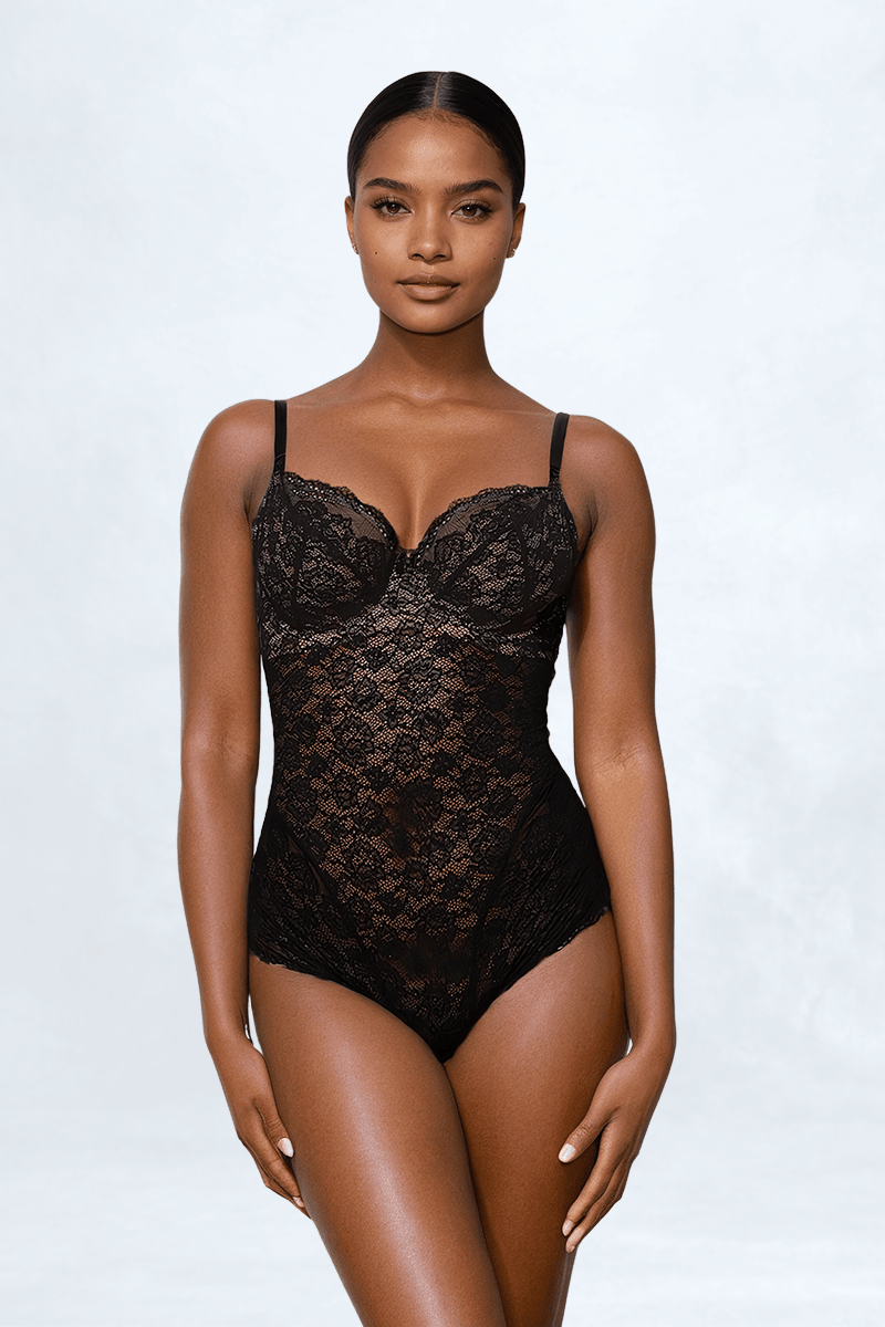 UMA Black bodysuit, front view showing the underwired balconette cups, stretch-lace torso and the tanga brief's high-leg openings.