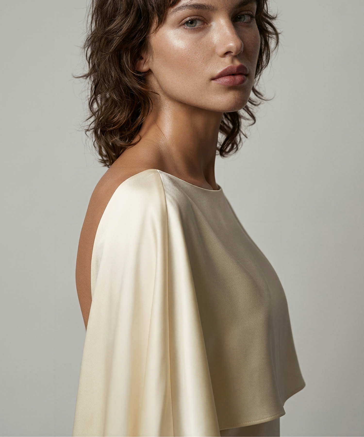 Ender Legard FRANKIE shapewear bodysuit invisible under a draped, high neck cream dress against a neutral background.