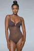 Ender Legard MAE Brown backless bodysuit in motion showing moulded cup fit, smooth body construction, low open back and tanga brief cut.