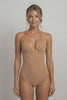 Ender Legard LEXI Nude shown in motion from front through side to back, demonstrating cup fit, the single neck strap, ultra-low back and high-leg tanga.