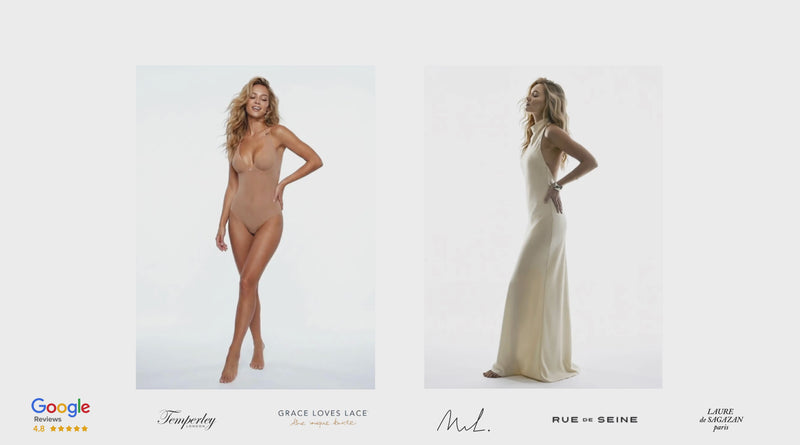 Halterneck nude bodysuit, underwired high-apex bra, soft breathable mesh — smooth second-skin fit under backless dresses.