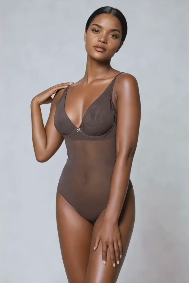 Ender Legard JONI Brown backless bodysuit shown in a static-pose sequence, fading from a front view of the plunge cup and smooth torso, to a side view of the cup profile and underarm strap, to a back view of the low back and tanga brief.