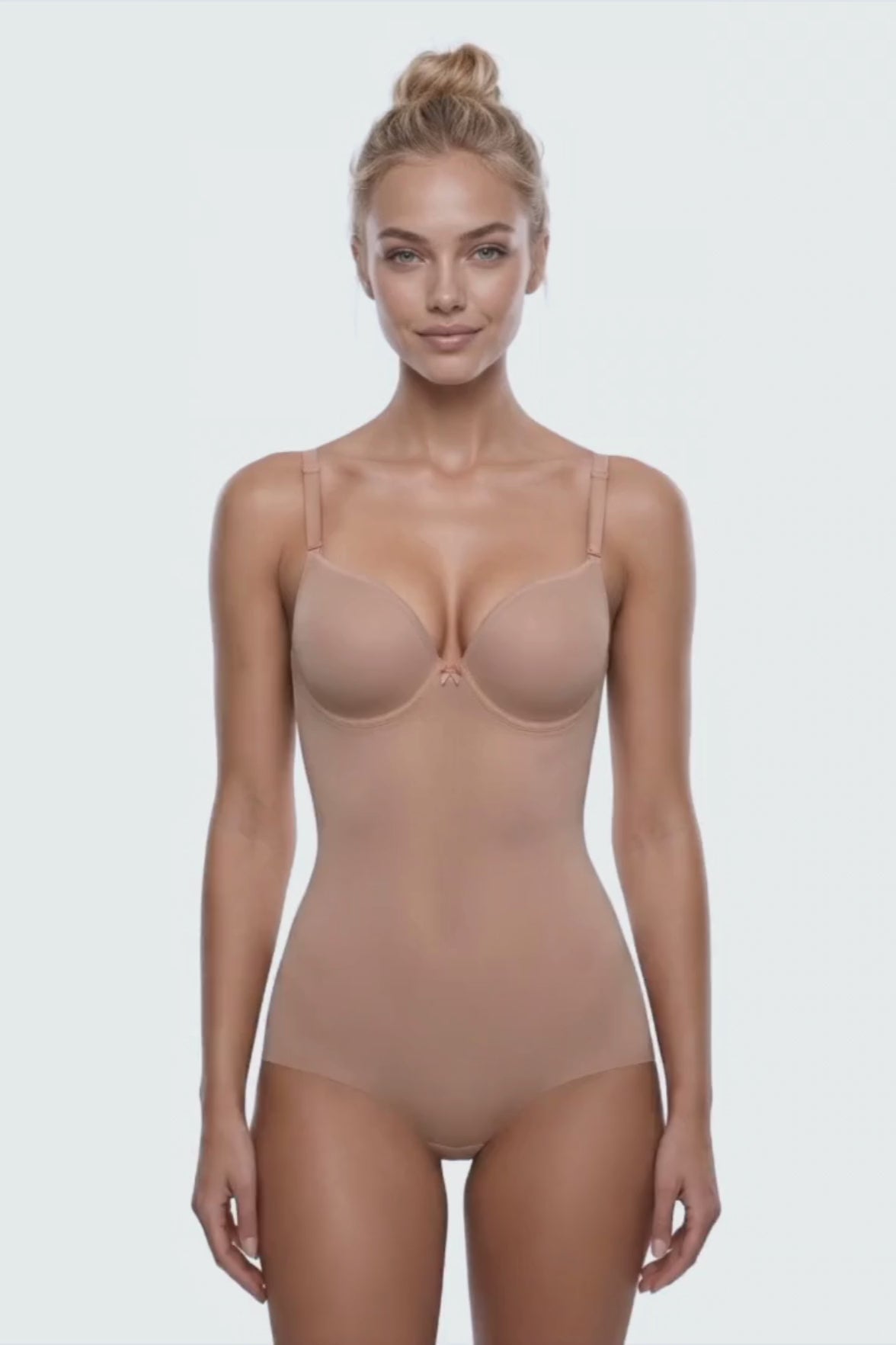 Ender Legard SIA Nude backless bodysuit shown in motion from front through side to back, demonstrating the seamless cup, no bra back band, ultra-low back and full-brief coverage.