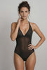 Ender Legard LEXI Black backless bodysuit turning from front to back, demonstrating the single-neck-strap cup fit and the no-bra-back-band construction with the tanga brief in motion.