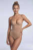 Ender Legard MAE Nude backless bodysuit in motion showing moulded demi plunge cup fit, smooth body construction, low open back and tanga brief cut.