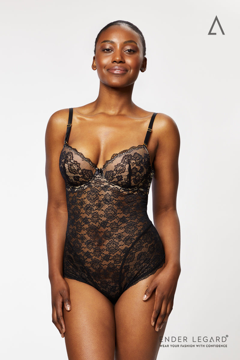 Backless Underwear Bodysuit with Demi Cups in Black Lace